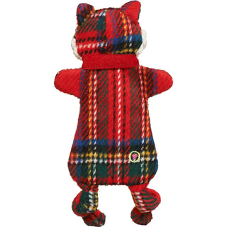Back view of small Jolly Jax Fox dog toy showing red plaid scarf and seasonal accents in a tartan plaid.