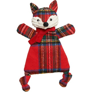 Front view of Jolly Jax Fox dog toy with red plaid scarf, flat HuggleFlattie body, crinkle effects, and internal squeaker. Tartan Plaid 