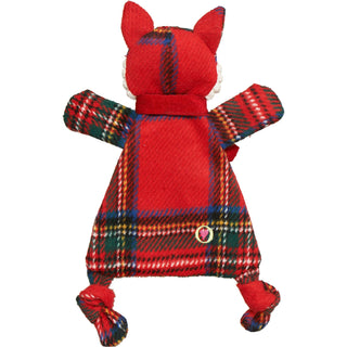 Back or large Jolly Jax Fox dog toy with 1 squeaker and crinkle paper, featuring red plaid scarf and tartan plaid