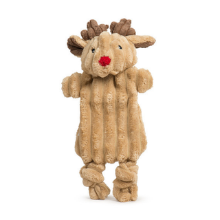 A plush reindeer dog toy in a warm tan color, featuring brown antlers, a bright red nose, and black embroidered eyes, standing against a solid white background.