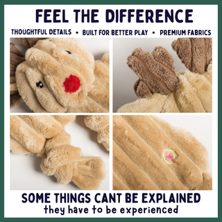 A four-panel promotional collage showing a plush reindeer toy in close-up, with text at the top reading 'FEEL THE DIFFERENCE' and text at the bottom reading 'SOME THINGS CAN'T BE EXPLAINED they have to be experienced.' The collage highlights soft fabric texture, antlers, a red nose, and a small pink button detail.