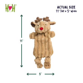 A plush reindeer dog toy shown on a white background with measurement arrows and text indicating actual size as 11 inches tall by 5 inches wide. The HOH logo appears in the top left.