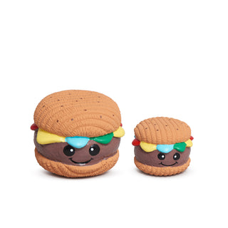 Twp hamburger shaped toys on a white background