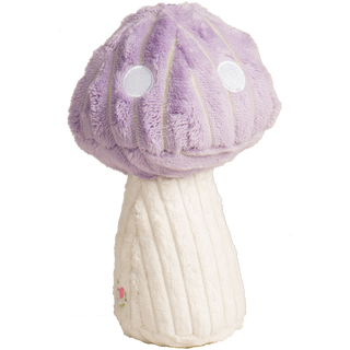 Lavender colored mushroom, with white polka dots, and a cream colored stem. 