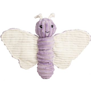 Large sized butterfly shaped purple butterfly dog toy. Has purple skin, white wings and antenna.  The purple is very rich and soft looking, it is a light violet color.  The inside of the wings is white corduroy plush with purple stitching.  The eyes are black with white pupils and long eyelashes.  The butterfly have a slight smile.