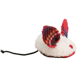 Side view of the HuggleKats plush mouse with tartan plaid ears and black cord tail.
