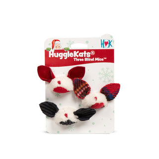 Retail packaging of the HuggleKats Three Blind Mice cat toy set with three mice attached to a holiday-themed card.
