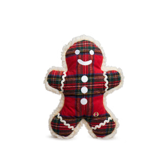 Front-facing view of the Plaid McButtons plush dog toy showing its full tartan outfit and white detailing.
