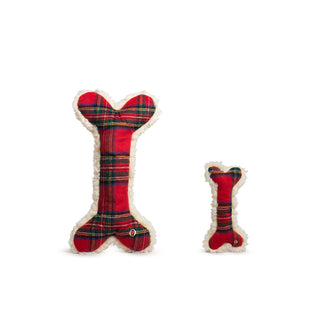 Side-by-side comparison of large and small HuggleFleece® Tartan Tidings Bone dog toys