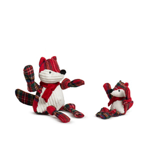 Size comparison of large and small Tartan Tidings Fox Knottie® plush toys
