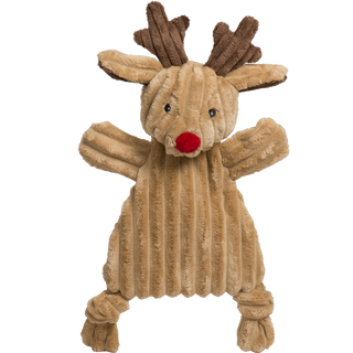 Front-facing image of reindeer dog toy showing both arms extended and detailed facial features.
