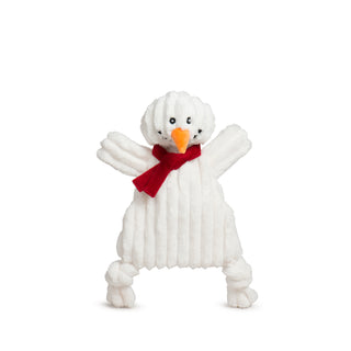 Front view of Snowman HuggleFlatties dog toy with red scarf and orange carrot nose.
