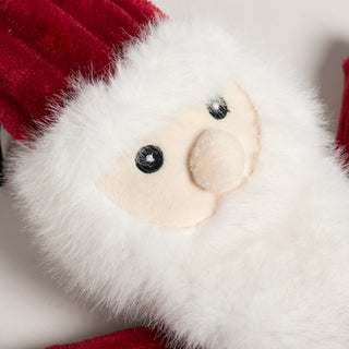 Close-up of St. Nick HuggleFlattie's face with fuzzy white beard and black eyes.
