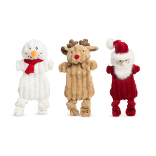 Front view of the 3 pack of HuggleFlatties including a white Snowman, a tan Rudy Reindeer and a red Santa.  