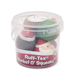 Labeled view of Ruff-Tex Bucket O' Squeaks with 5 holiday-themed toys
