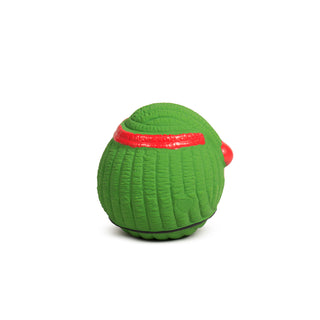 Back of green Ruff-Tex® elf toy with red stripe on hat and heart logo.
