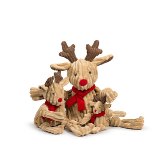 Group of three Rudy Reindeer Knottie dog toys in Small, Large, and Super sizes displayed together.
