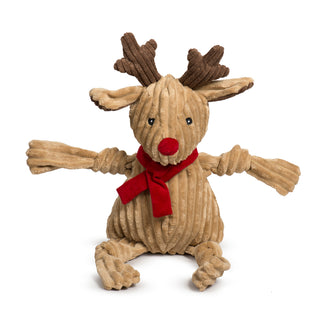 Centered front-facing view of Super-size Rudy Reindeer Knottie with red nose and outstretched knotted limbs.
