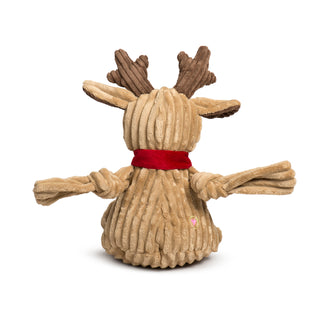 Rear view of Rudy Reindeer Knottie displaying its plush corduroy body and red glitter scarf.
