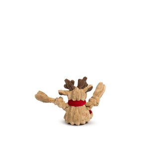 Back view of Rudy Reindeer Knottie showing corduroy texture, brown antlers, and HuggleHeart embroidery.
