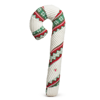 A ribbed white dog toy shaped like a Christmas candy cane, featuring green and red geometric and snowflake patterns, shown on a plain white background.
