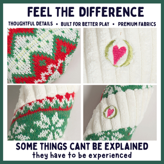A promotional collage with four close-up panels showing knit holiday-themed fabric details, including a red and green geometric pattern, a white knit area with a pink heart motif, a green and white patterned cuff, and a white knit area with a small pink heart in a green ring. Large text at the top reads 'FEEL THE DIFFERENCE' and the bottom text reads 'SOME THINGS CAN'T BE EXPLAINED they have to be experienced.