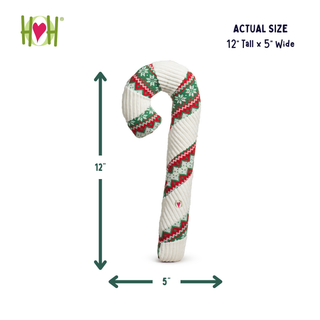 A ribbed white holiday candy cane plush toy with green and red knit patterns, shown with dimension arrows indicating 12 inches tall by 5 inches wide on a white background. The HOH logo appears in the top left, and actual size text is in the top right.