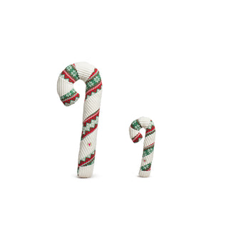 Side-by-side comparison of large and Super-size Wintergreen Candy Cane dog toys on white background.
