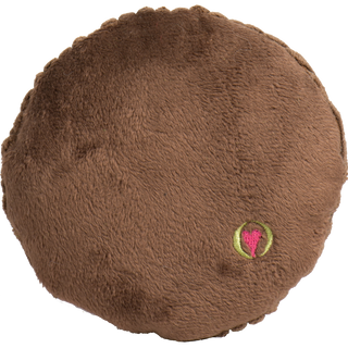 Back of brown cookie toy with soft texture and pink heart embroidery
