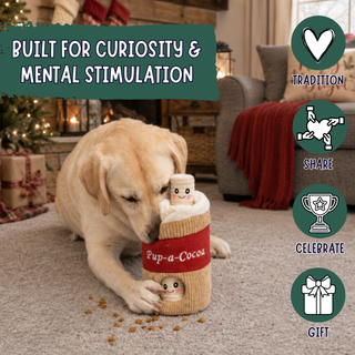 A yellow Labrador retriever lies on a carpeted floor in a cozy living room, interacting with a novelty dog toy shaped like a cocoa cup labeled 'Pup-a-Cocoa.' The scene includes promotional text and circular icons on the right side highlighting features like tradition, share, celebrate, and gift.