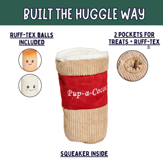Pup-a-Cocoa plush dog toy shaped like a coffee cup, shown on a white background with marketing text and inset callouts about included Ruff-TEX balls and treat pockets.
