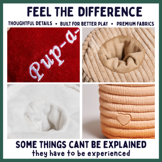 A promotional collage for a pet play mat or cushion set, showing four close-up panels with fabric textures and branding text. The top reads 'FEEL THE DIFFERENCE' and the bottom reads 'SOME THINGS CAN'T BE EXPLAINED they have to be experienced.