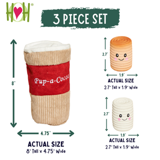 A product infographic for a 3-piece plush toy set shaped like coffee cups, labeled 'Pup-a-Cocoa.' The image shows three cup-shaped toys in different cream and tan colorways with a red band, plus dimension arrows and text indicating actual size (8" tall x 4.