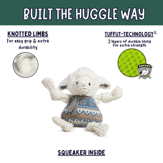 A plush white sheep dog toy with knotted limbs and a blue, beige, and white patterned sweater, shown on a white background with marketing text and circular inset details.