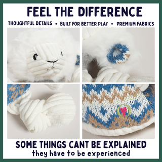 A promotional collage for a white plush bunny toy with embroidered facial features and knitted accessories, including a blue and tan patterned item with a small pink heart. The image contains marketing text at the top and bottom and is framed by a dark green border.