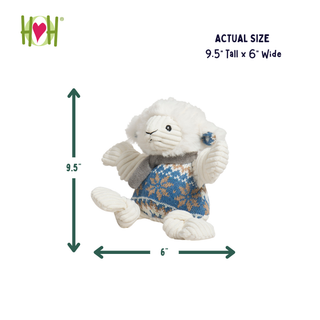 A white plush sheep toy with a knitted blue and beige sweater sits on a white background with measurement arrows and text showing its actual size as 9.5" tall by 6" wide.