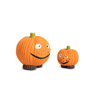 Two Gourdie Ruff-Tex ball toys in different sizes with smiling pumpkin faces and ribbed orange texture.
