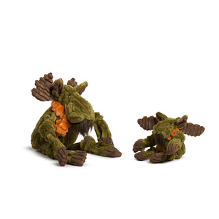 Two Milo Moose Knottie plush toys in different sizes posed side by side on a white background.
