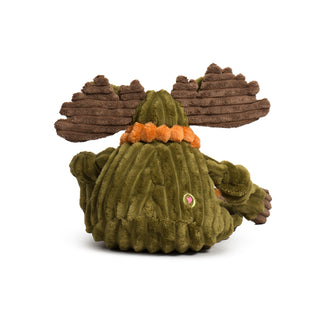 Rear view of Milo Moose plush toy, showing antlers and back with embroidered heart near base.
