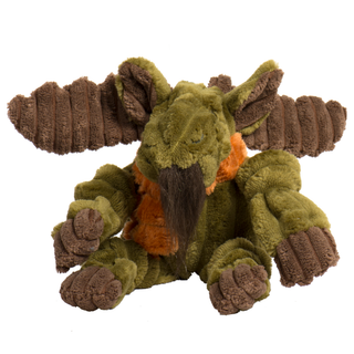 A plush moose toy in olive green and brown, featuring textured wings, a long dark brown beard, and an orange collar, shown against a plain white background.