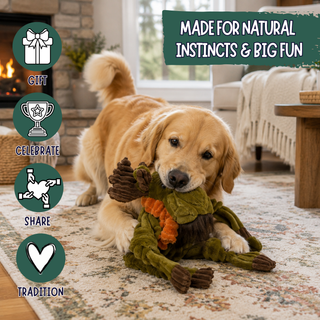 A golden retriever dog is lying on a patterned rug in a living room, holding a green and orange plush moose toy in its mouth. The image includes four dark green circular icons on the left labeled Gift, Celebrate, Share, and Tradition, and a green banner at the top right that reads Made for Natural Instincts & Big Fun.