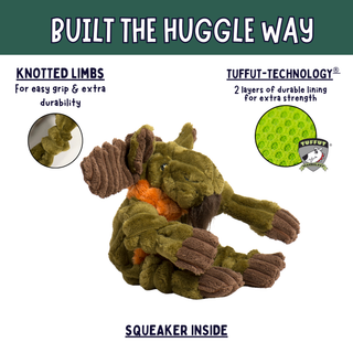 A moose dog toy shown on a white background with marketing text and feature callouts. The toy is olive green with brown corduroy limbs and trunk, plus an orange inner nose area.