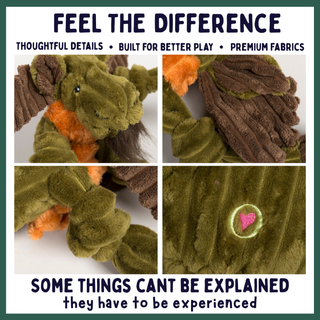 A four-panel promotional collage showing a plush moose toy from multiple angles on a white background, with large text at the top reading 'FEEL THE DIFFERENCE' and at the bottom reading 'SOME THINGS CAN'T BE EXPLAINED they have to be experienced.' The product appears to be an olive green and brown corduroy-like plush with bright orange inner ears/neck area and a small pink embroidered heart detail visible in one panel.