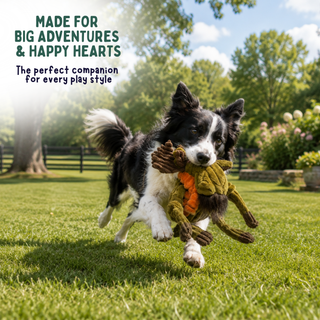 A black and white dog running across a green lawn carrying a plush moose toy in its mouth, with outdoor trees and sky in the background and marketing text in the upper left.