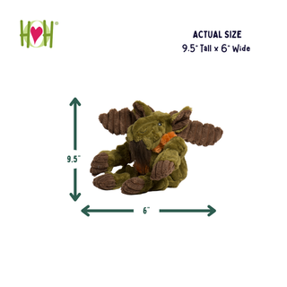A plush moose toy shown on a white background with measurement arrows and text indicating actual size as 9.5 inches tall by 6 inches wide.