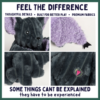 A four-panel promotional collage for a plush toy, showing close-up views of a dark charcoal gray ribbed plush bear with lavender-purple ears and a small black bow. Text around the panels reads 'FEEL THE DIFFERENCE' and 'SOME THINGS CAN'T BE EXPLAINED they have to be experienced,' with additional marketing copy at the top.