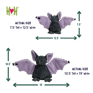Hugglehound brand bat-shaped pet toy shown in two sizes with dimension arrows and text indicating actual size: smaller version 7.5" tall x 12.