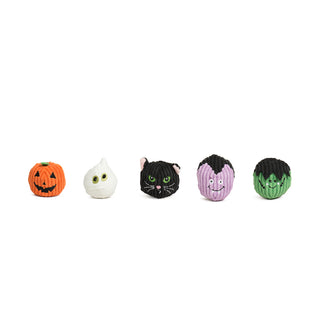 Line-up of all five Monster Mash Wee Huggles® Balls: Pumpkin, Ghost, Black Cat, Vampire, and Frankenstein on white background.
