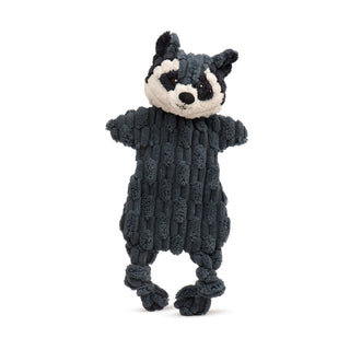 Gray raccoon corduroy plush dog toy with white face, black around eyes and inner ears, black embroidered facial features and brown embroidered eyes.