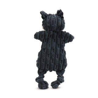 Back view of gray raccoon plush dog toy.